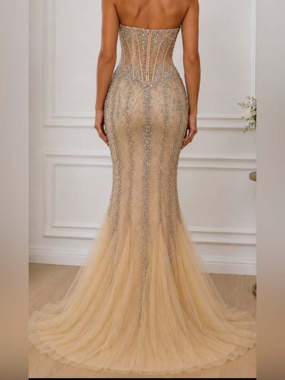 Jovani Beaded Strapless Mermaid Gown Nude Champagne Size 4 Formal Prom Dress - Picture 3 of 11
